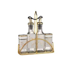 Set Condimentero de Mesa 5 Piezas - Aceitera Vinagrera Salero Pimentero con Soporte Dorado simil Mármol