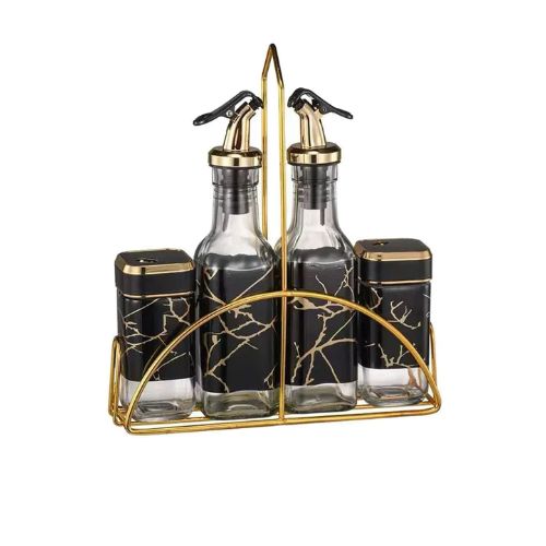 Set Condimentero de Mesa 5 Piezas - Aceitera Vinagrera Salero Pimentero con Soporte Dorado simil Mármol