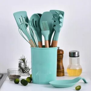 Set de Utensilios de Cocina 12 Piezas - Silicona Antiadherente y Mango de Madera
