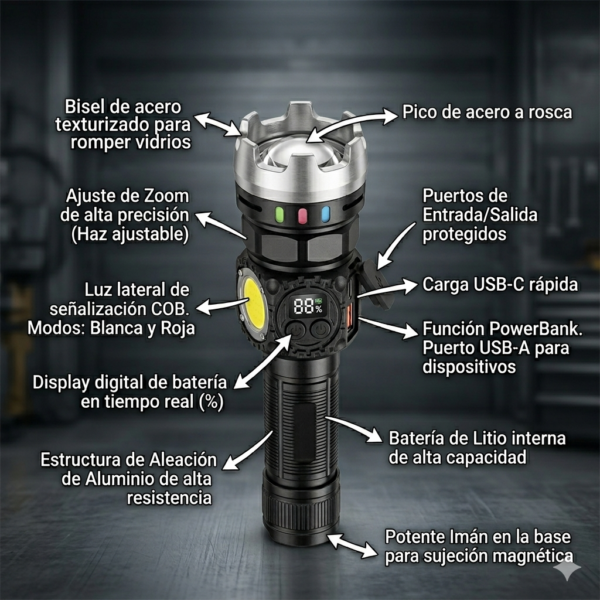 Linterna Táctica OGAAN W5244 LED | Zoom, Powerbank, Rompe Cristales y Base Magnética Linterna Táctica de Aluminio LED | Zoom, Powerbank, Rompe Cristales y Base Magnética
