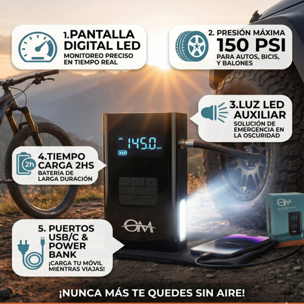 Inflador Eléctrico Portátil Compresor Digital y Power Bank + Luz Led