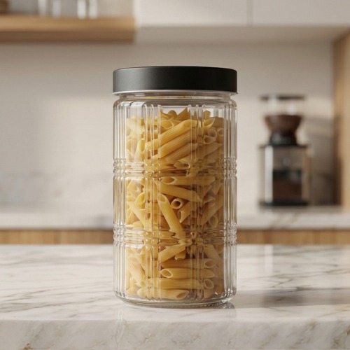 Frasco De Vidrio Organizador Con Relieve A Cuadros Tapa Negra 1650cc