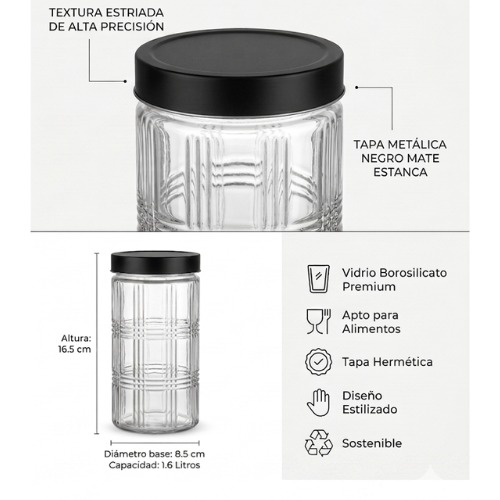 Frasco De Vidrio Organizador Con Relieve A Cuadros Tapa Negra 1650cc
