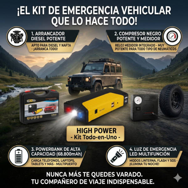 Kit de Emergencia Vehicular 4 en 1: Arrancador 12V, Compresor de Aire, Power Bank y Linterna LED