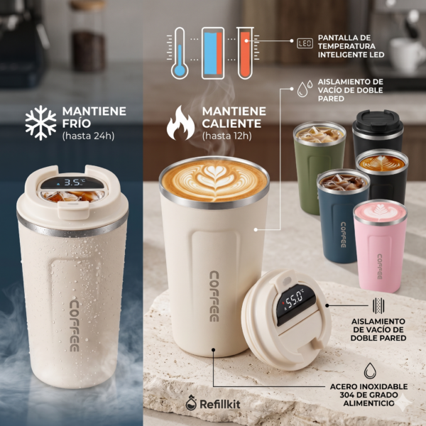 Vaso Térmico Inteligente 500ml con Sensor de Temperatura LED - Acero Inoxidable