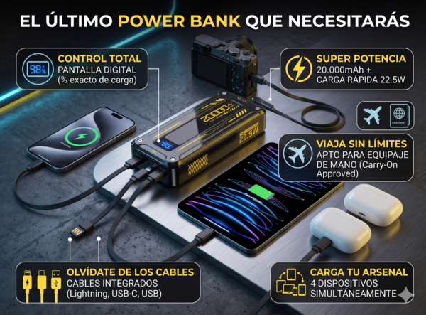 Cargador Portátil 20.000mAh Power Bank Carga rápida apto aéreo