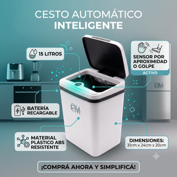 Tacho de Basura Automático Inteligente 15L con Sensor Recargable USB C