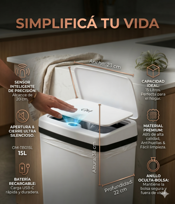 Tacho de Basura Automático Inteligente 15L con Sensor Recargable USB C
