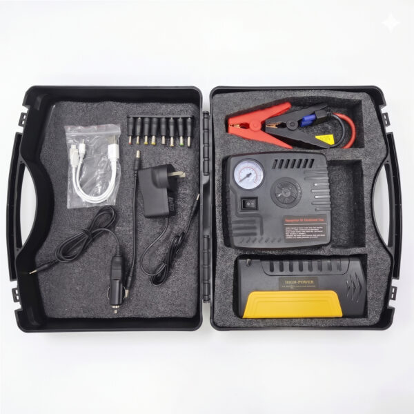 Kit de Emergencia Vehicular 4 en 1: Arrancador 12V, Compresor de Aire, Power Bank y Linterna LED