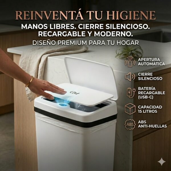 Tacho de Basura Automático Inteligente 15L con Sensor Recargable USB C
