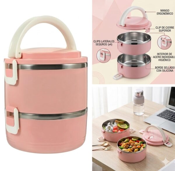 Lunchera Vianda Térmica 2 Pisos Acero Inoxidable Bento Box Pastel