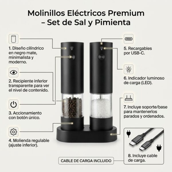 Características del set de molinillos eléctricos Infografía con las características del set de molinillos eléctricos recargables por USB-C
