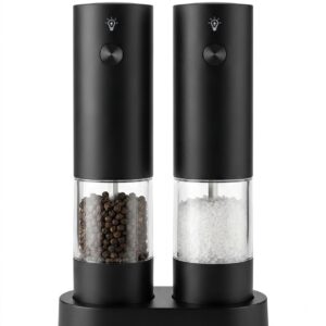 Set molinillos eléctricos sal y pimienta con base Set de dos molinillos eléctricos negros de sal y pimienta sobre su base de apoyo