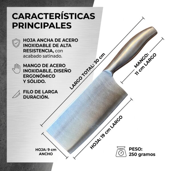 Medidas y características de la cuchilla hachuela Medidas de la cuchilla hachuela: 30 cm de largo total, hoja de 19 x 9 cm, mango de 11 cm y 250 gramos de peso