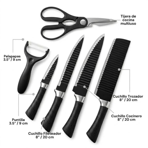 Set de Cuchillos de Cocina Profesional de Acero Inoxidable - Juego de 6 Piezas con Tijera y Pelador